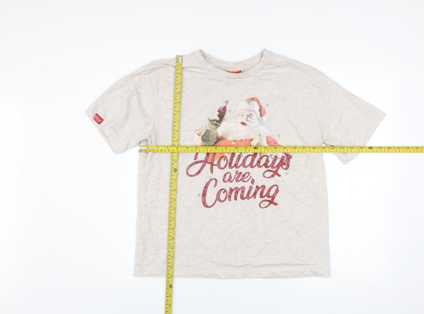 Coca-Cola Women Beige Christmas Santa T-Shirt Size 10 Short Sleeve