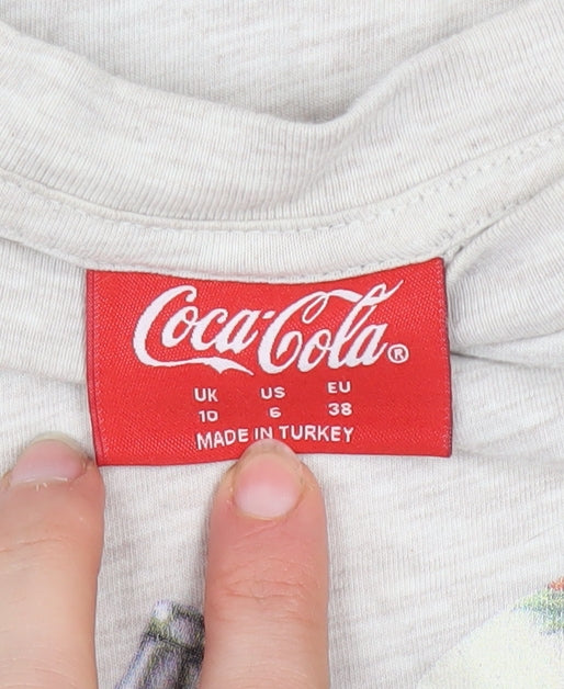 Coca-Cola Women Beige Christmas Santa T-Shirt Size 10 Short Sleeve