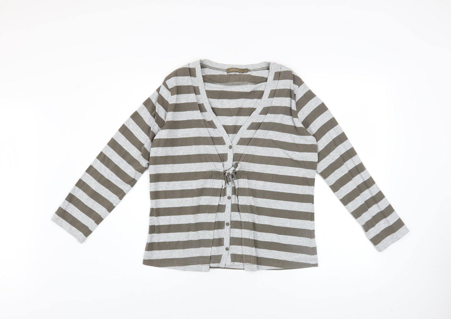 Sandwich Womens Grey Striped Long Sleeve Cardigan L Cotton V-Neck