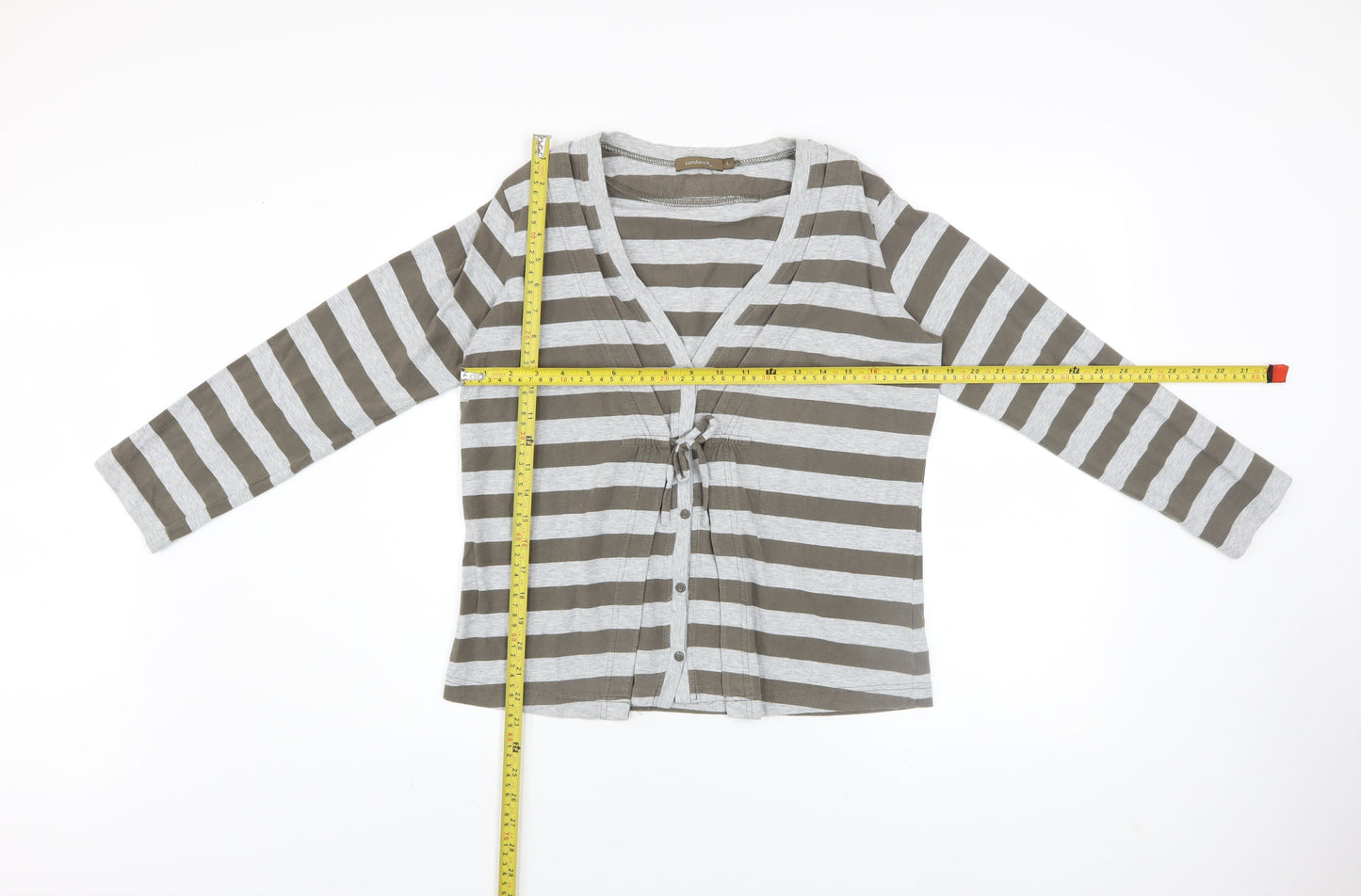 Sandwich Womens Grey Striped Long Sleeve Cardigan L Cotton V-Neck