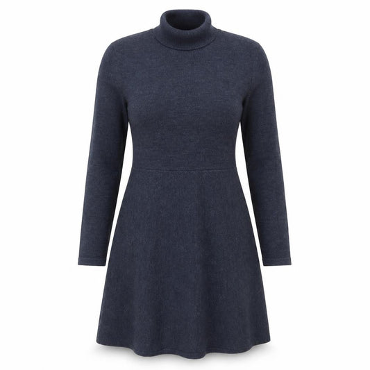 Front view of French Connection Women's Blue Knit Roll Neck A-Line Dress, size L