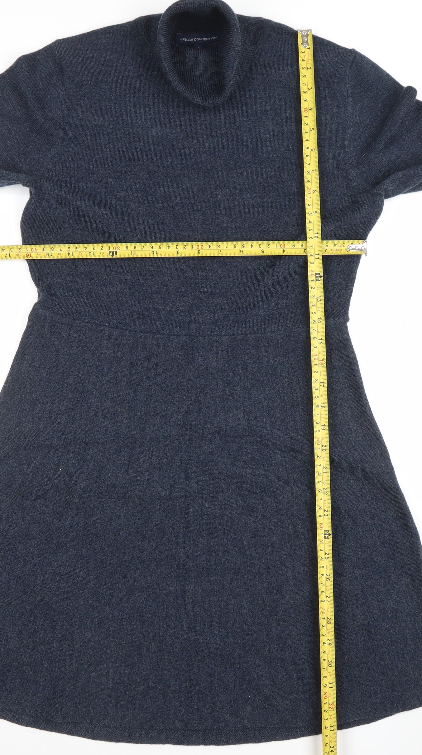 French Connection Women's Blue Knit Roll Neck A-Line Dress Size L