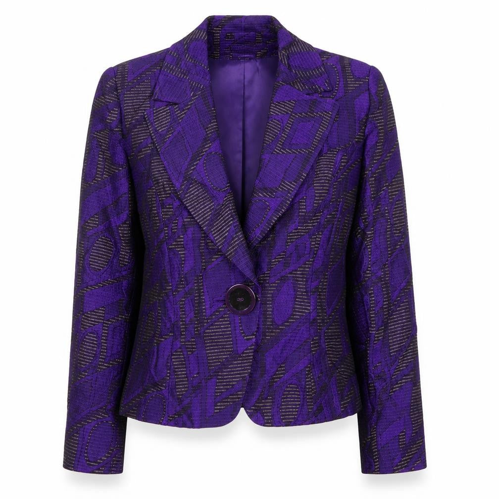 Michel Ambers Women's Purple Geometric Jacquard Silk Wool Blend Blazer Size 12