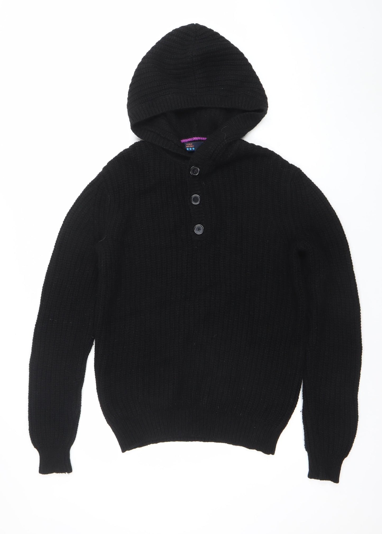 World Republic Men's Black Wool Cotton Hooded Henley Jumper Size S