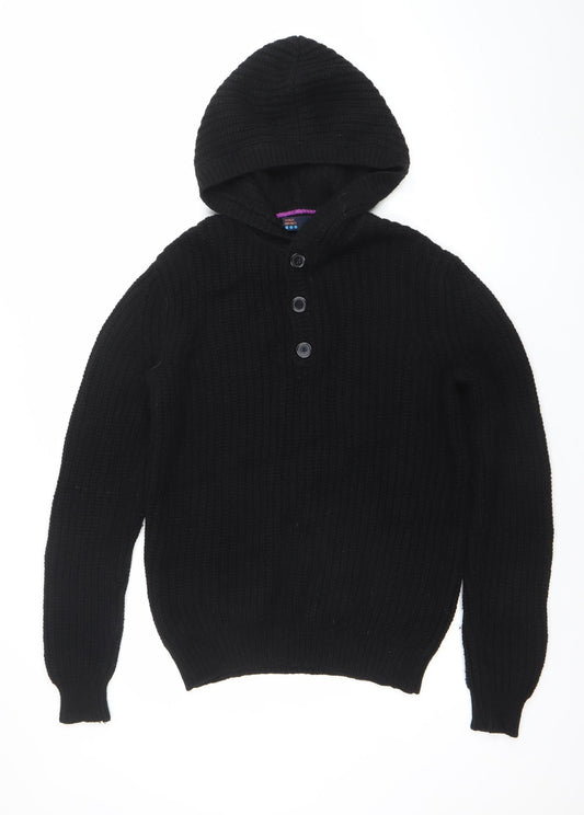 World Republic Men's Black Wool Cotton Hooded Henley Jumper Size S