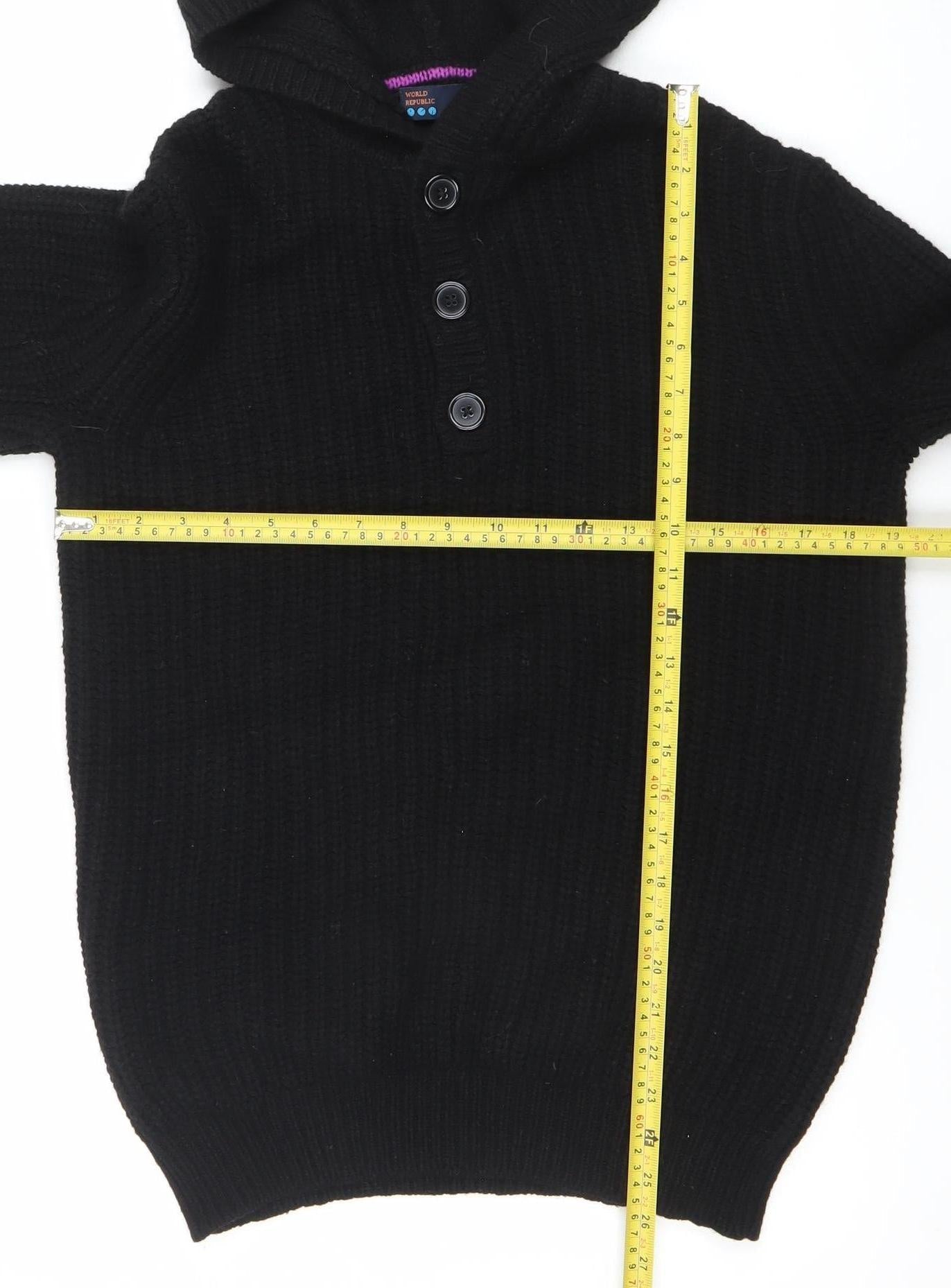 World Republic Men's Black Wool Cotton Hooded Henley Jumper Size S