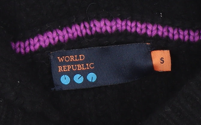 World Republic Men's Black Wool Cotton Hooded Henley Jumper Size S