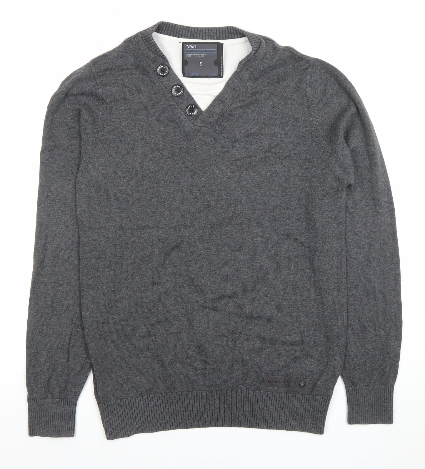 Next Men’s Grey V-Neck Button Detail Cotton Cashmere Jumper Size S