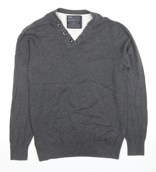 Next Men’s Grey V-Neck Button Detail Cotton Cashmere Jumper Size S