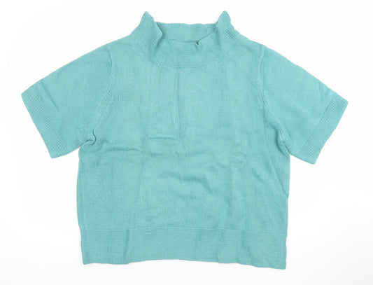 Orvis Women's Green Short Sleeve Roll Neck Cotton Blend Jumper Size L