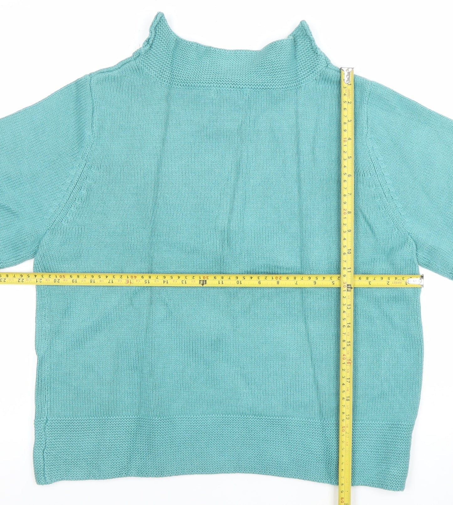 Orvis Women's Green Short Sleeve Roll Neck Cotton Blend Jumper Size L
