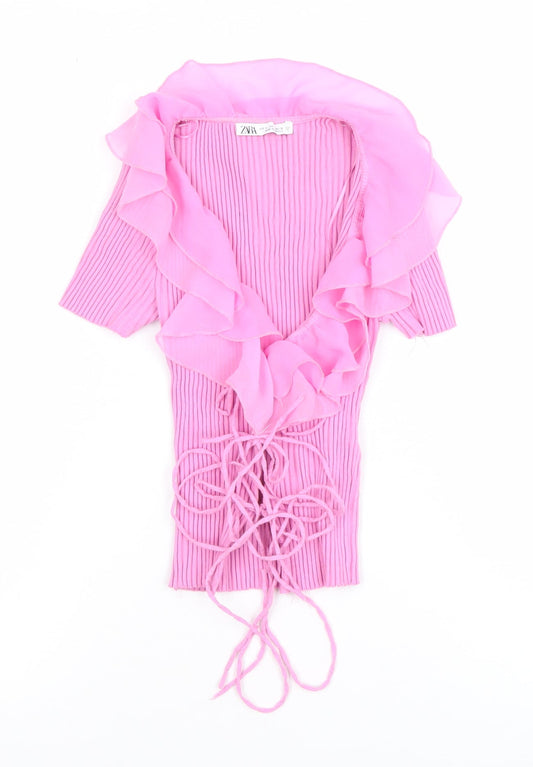 ZARA Women Pink Ruffle Wrap Short Sleeve Blouse Size S