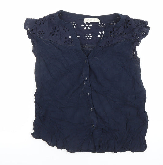 Oasis Womens Blue Cotton Embroidered Short Sleeve Tunic Blouse Size 12