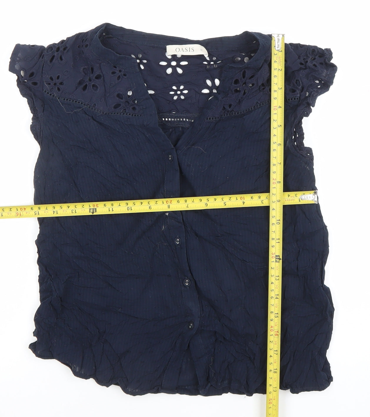 Oasis Womens Blue Cotton Embroidered Short Sleeve Tunic Blouse Size 12