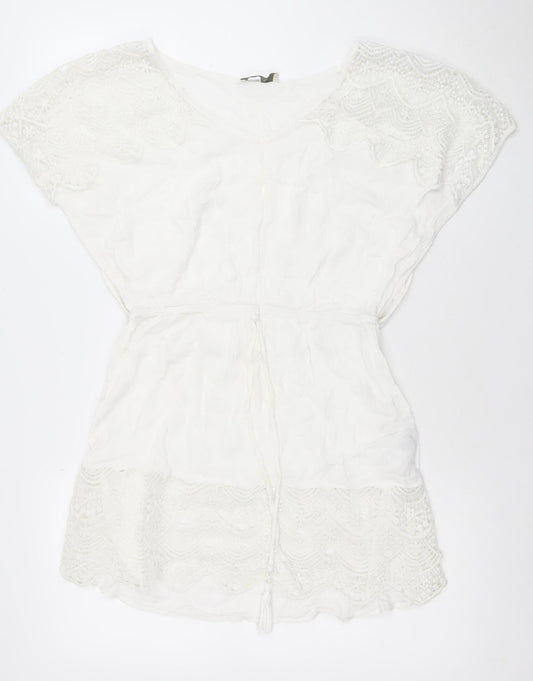 Oasis Women White Short Lace Shift Dress M V-Neck Boho Summer