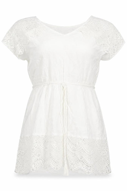 Oasis Women White Short Lace Shift Dress M V-Neck Boho Summer