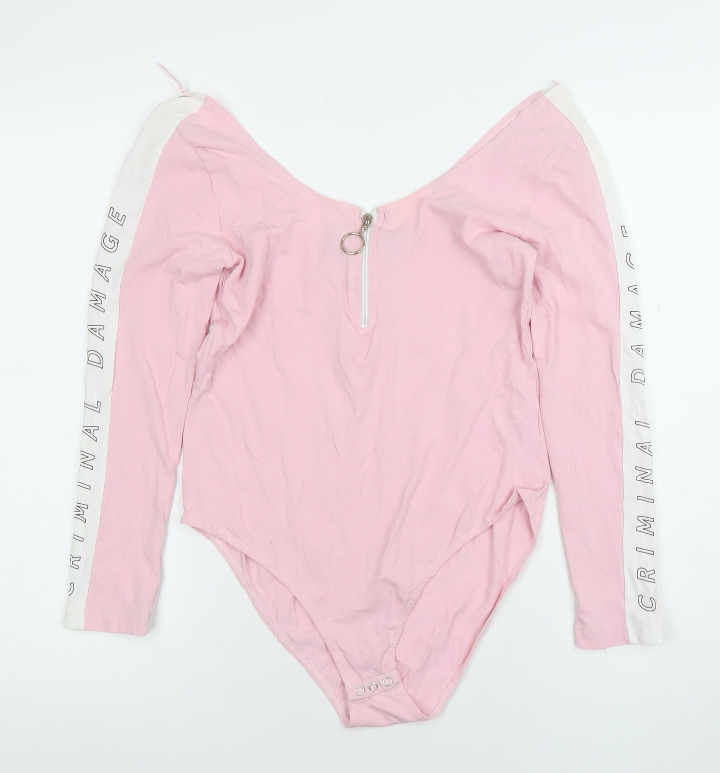 Criminal Damage Women’s Pink Long Sleeve Bodysuit L Zip Front Logo