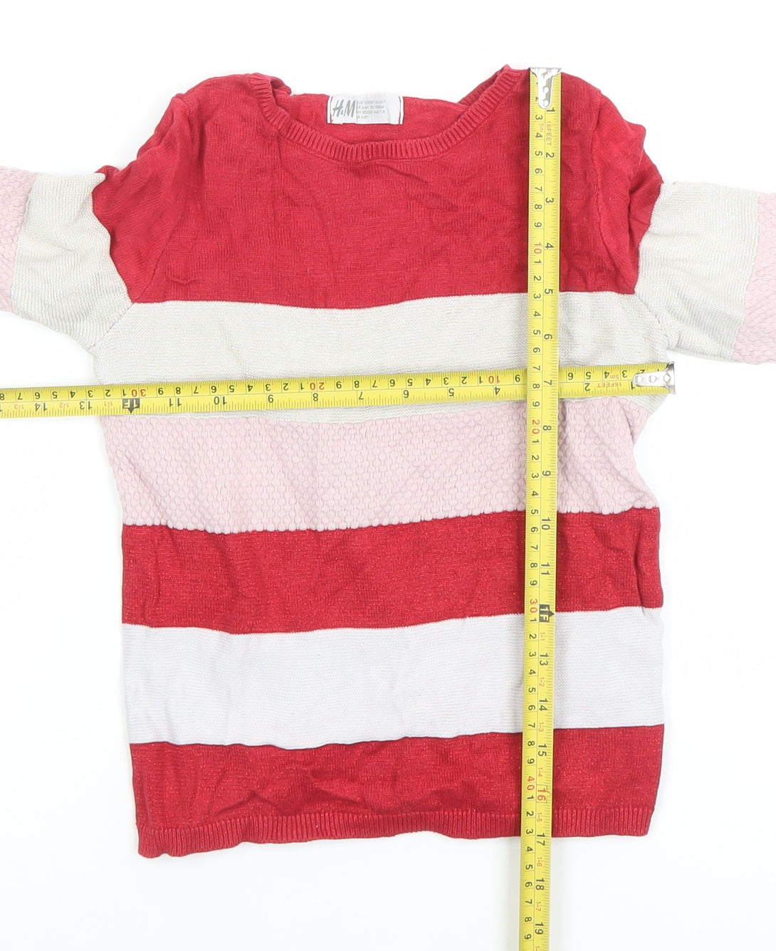 H&M Girls Red Pink White Striped Pullover Jumper UK 6-8Y Cotton Blend