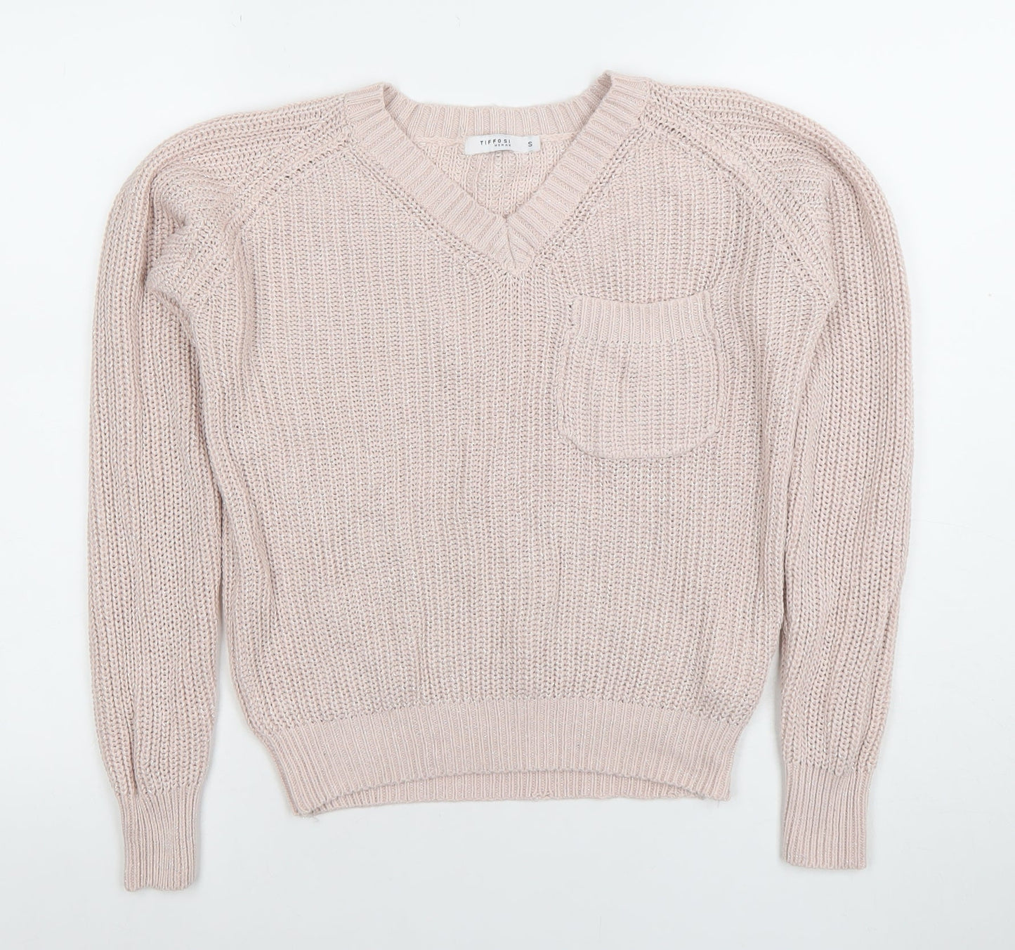 Tiffosi Women Pink V-Neck Chunky Knit Acrylic Cotton Jumper Size S
