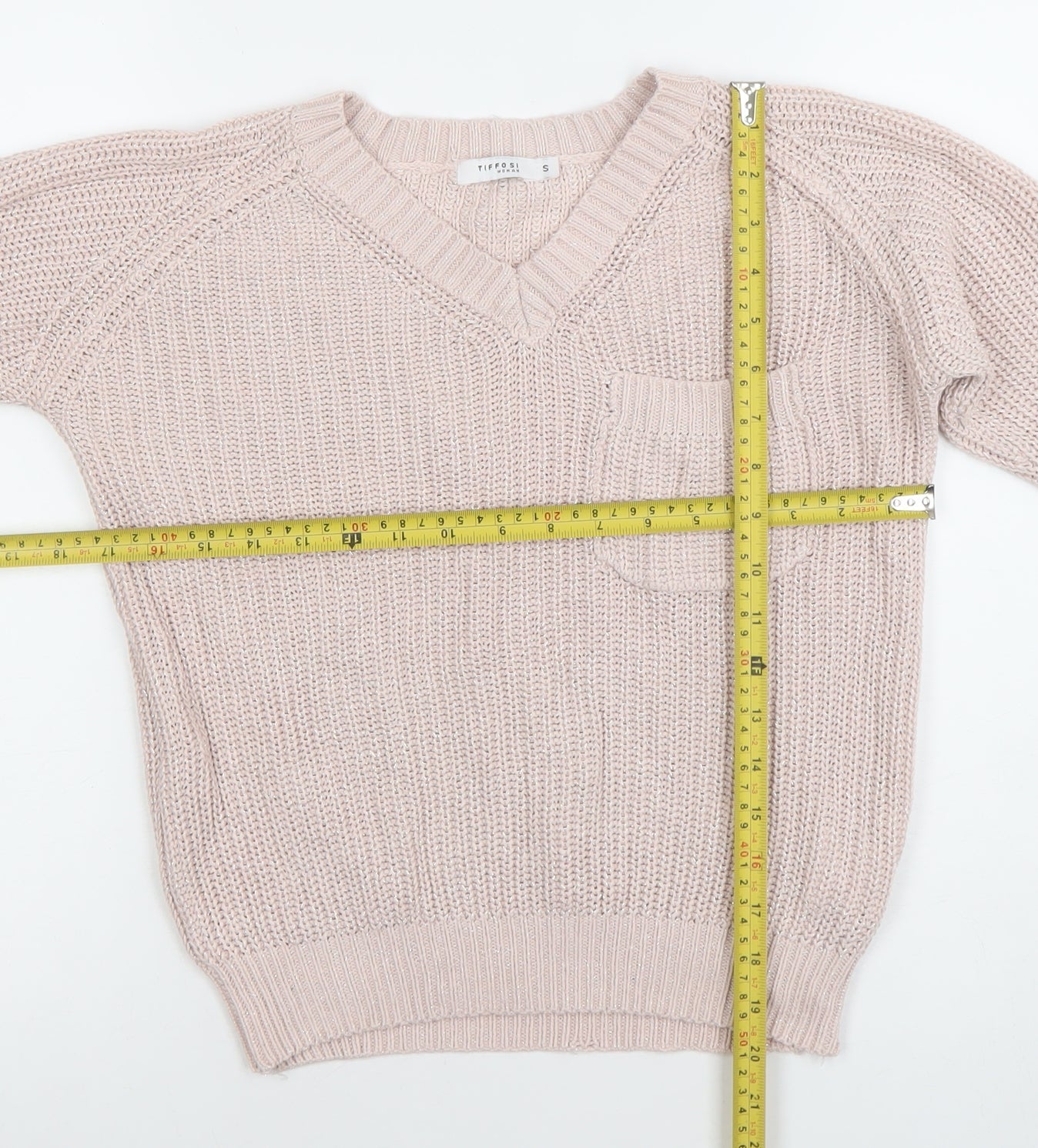 Tiffosi Women Pink V-Neck Chunky Knit Acrylic Cotton Jumper Size S