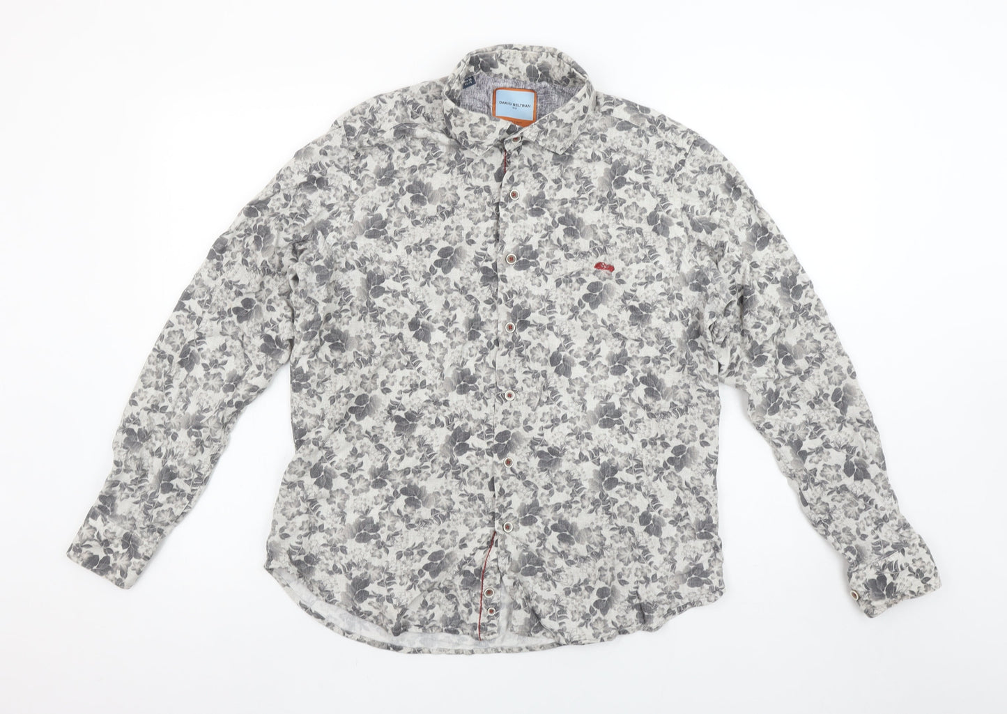 Dario Beltran Men's Grey Floral Slim Fit Long Sleeve Button-Up Shirt XL