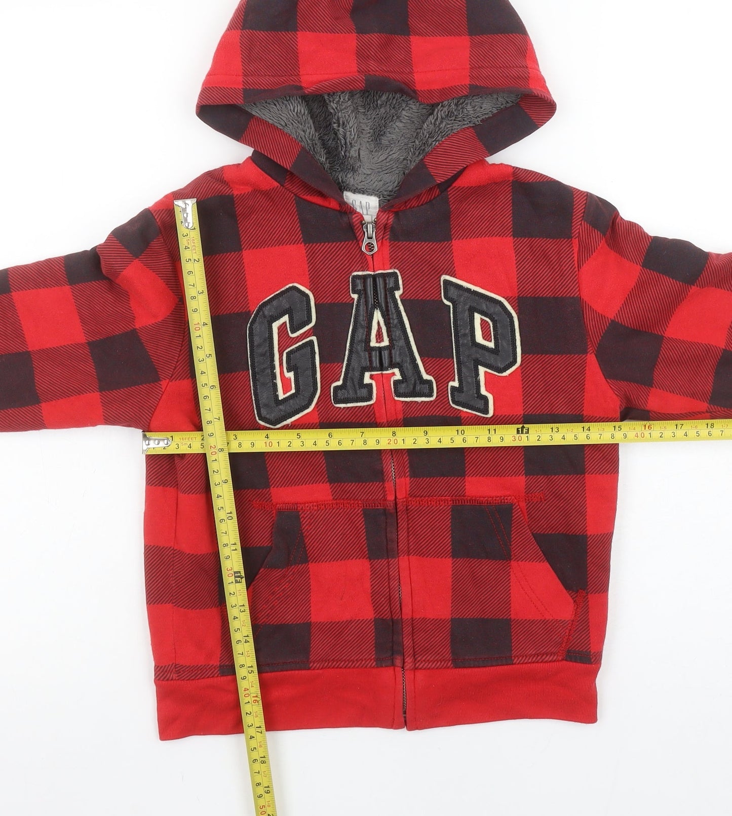 GAP Kids Boys Red Black Plaid Full Zip Hoodie Size 6-7 Years Fleece Lined