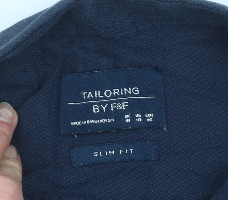 F&F Mens Blue Slim Fit Long Sleeve Button-Up Shirt Size 18