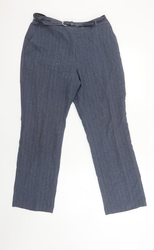 Marks and Spencer Women’s Blue Belted Straight Leg Trousers UK 10 Short