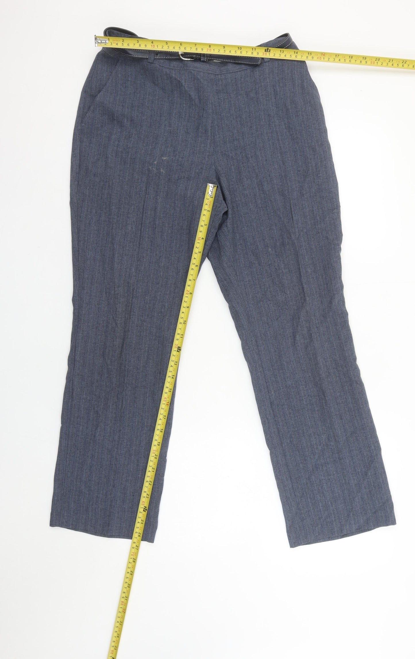 Marks and Spencer Women’s Blue Belted Straight Leg Trousers UK 10 Short