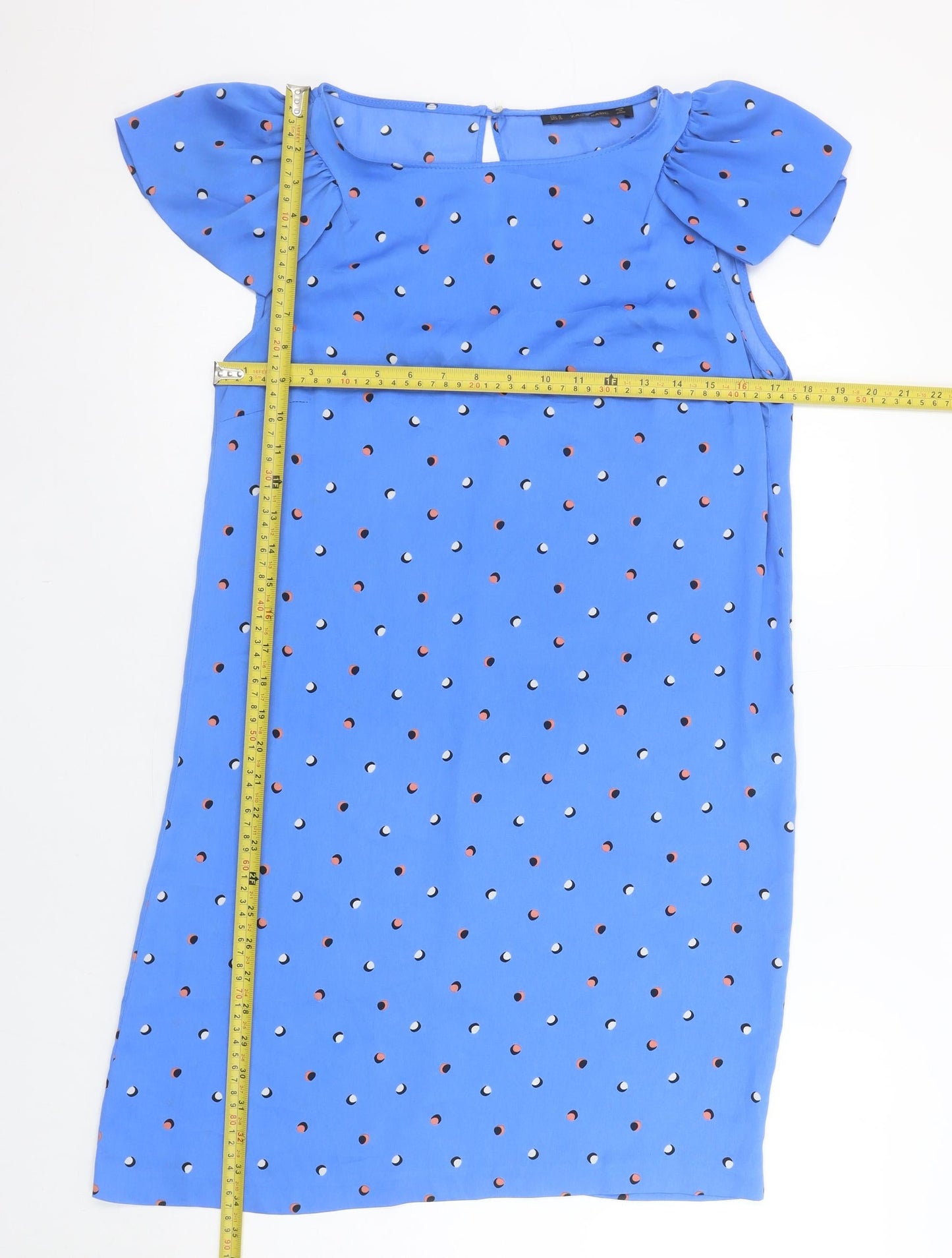 Zara Women Blue Polka Dot Shift Dress M Puff Sleeve