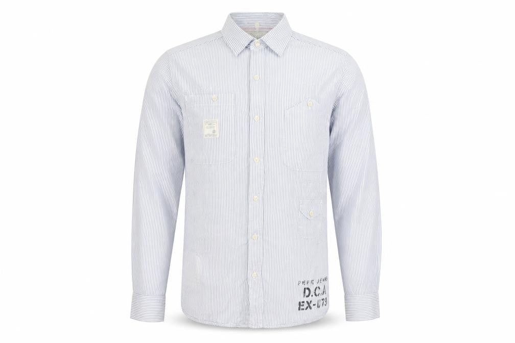 Pepe Jeans Men's Blue Striped Slim Fit Long Sleeve Button-Up Shirt L