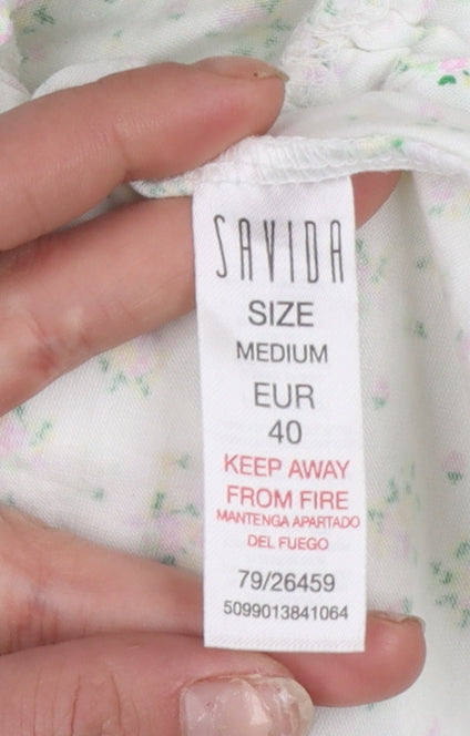 Savida Women’s White Floral Puff Sleeve Cotton T-Shirt Size 12
