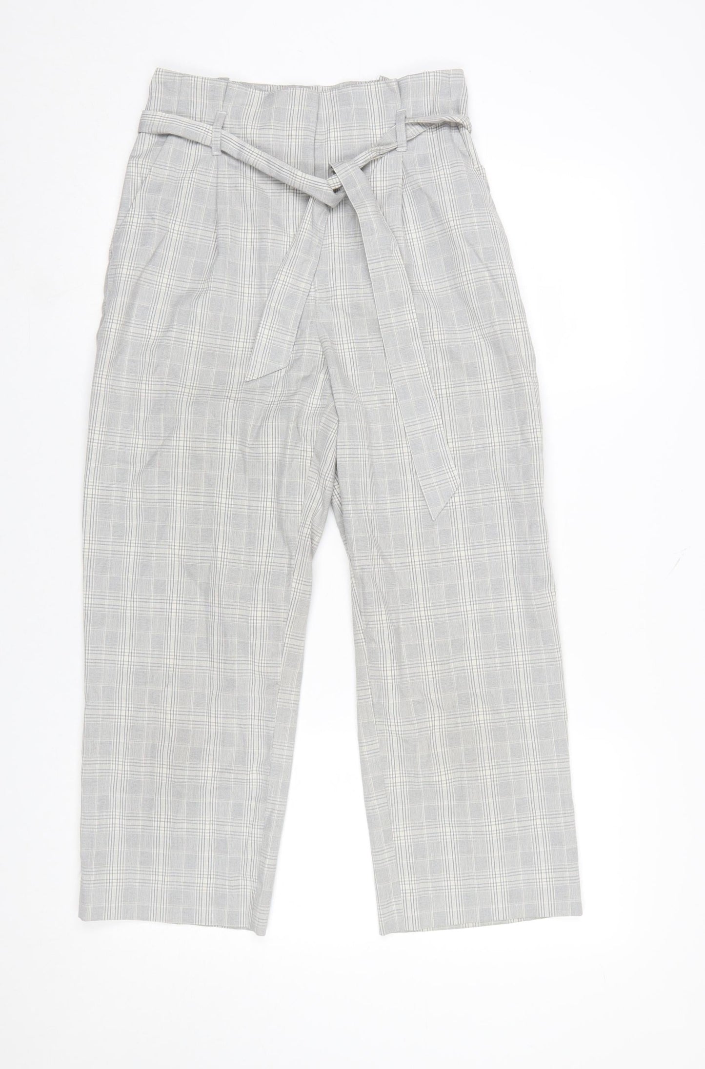 H&M Womens Grey Check Paperbag Trousers Size 8 Regular Fit