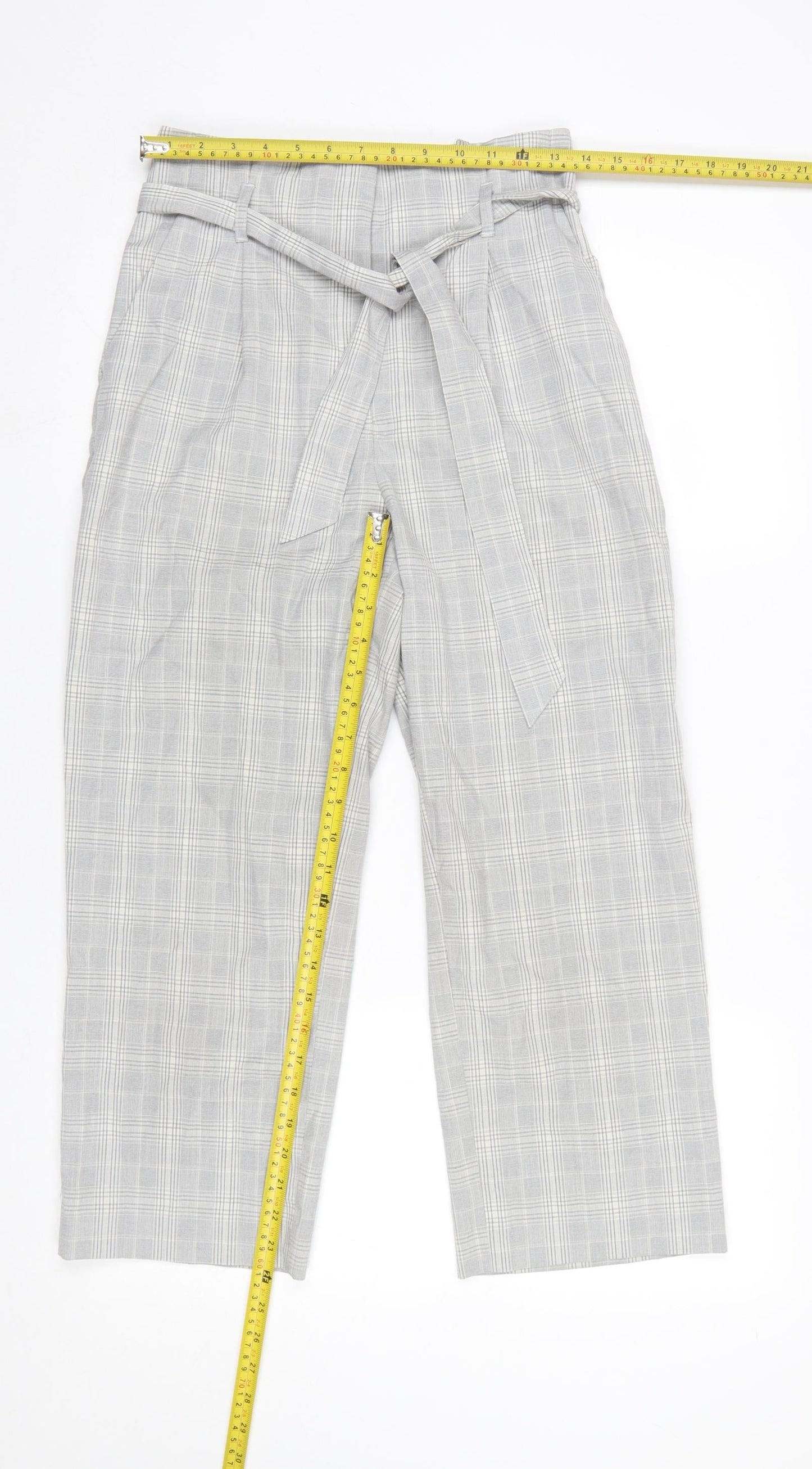 H&M Womens Grey Check Paperbag Trousers Size 8 Regular Fit