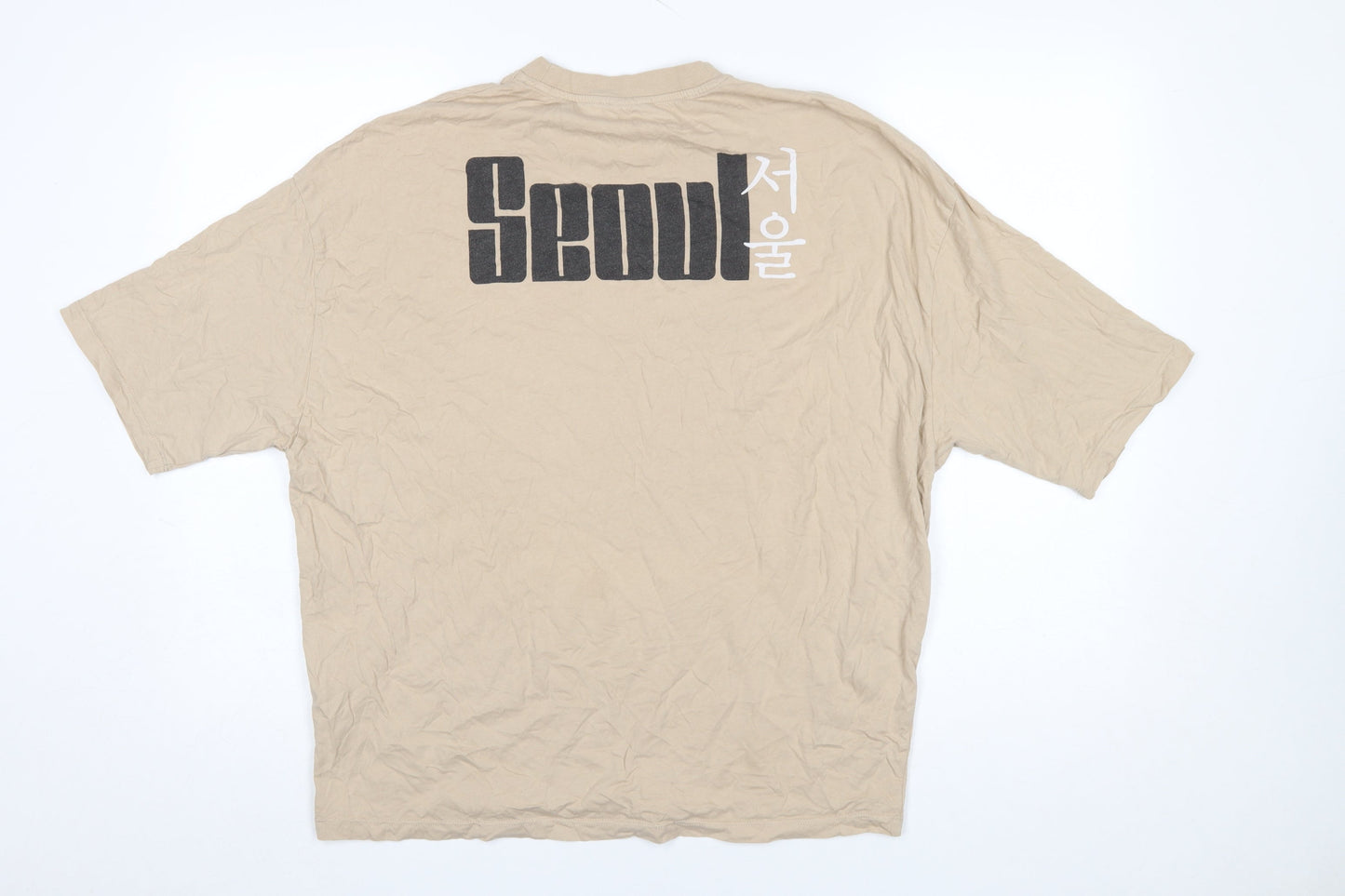 ASOS Design Men's Beige Crew Neck Seoul Graphic Cotton T-Shirt Size S
