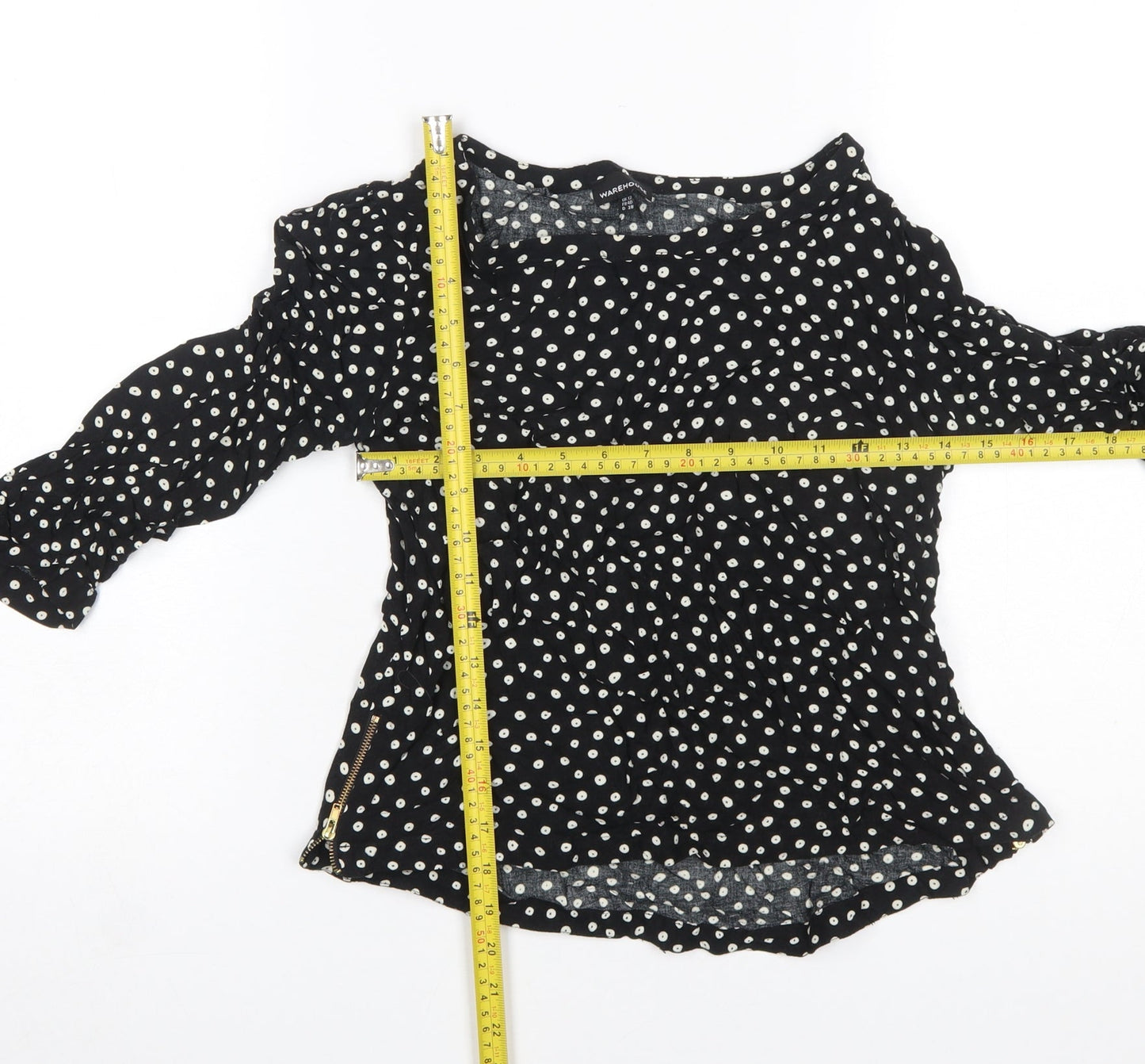 Warehouse Womens Black Polka Dot 3/4 Sleeve Tunic Blouse Size 12