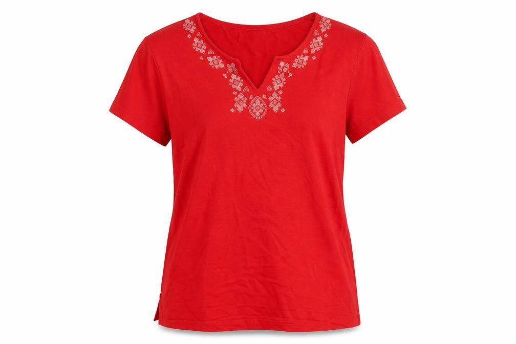 Bonmarché Women's Red Embroidered V-Neck Cotton T-Shirt Size M