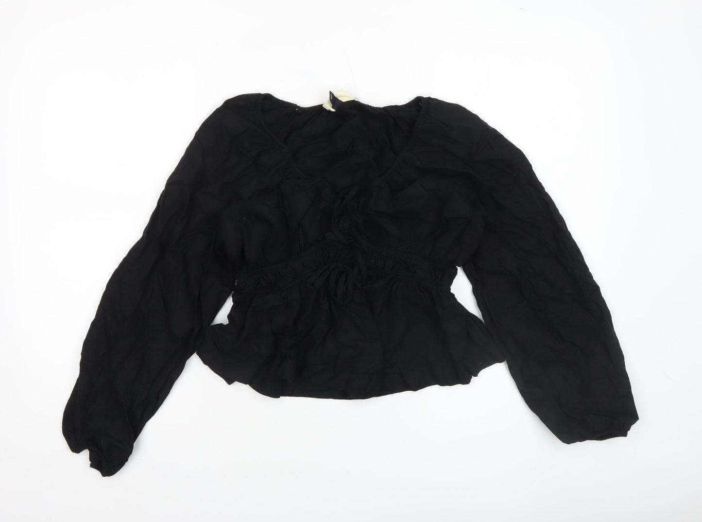Universal Thread Womens Black Linen Blend Bohemian Long Sleeve Peasant Blouse Size S