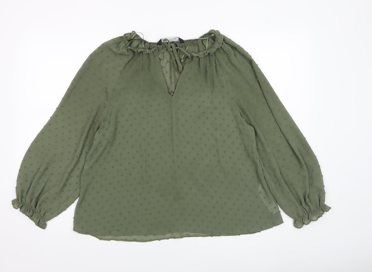 ZARA Women Green Ruffle Neck Long Sleeve Chiffon Tunic Blouse XS