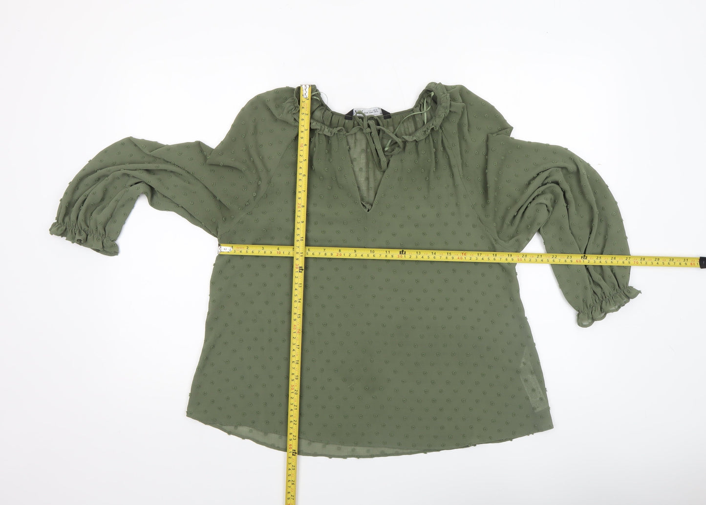 ZARA Women Green Ruffle Neck Long Sleeve Chiffon Tunic Blouse XS