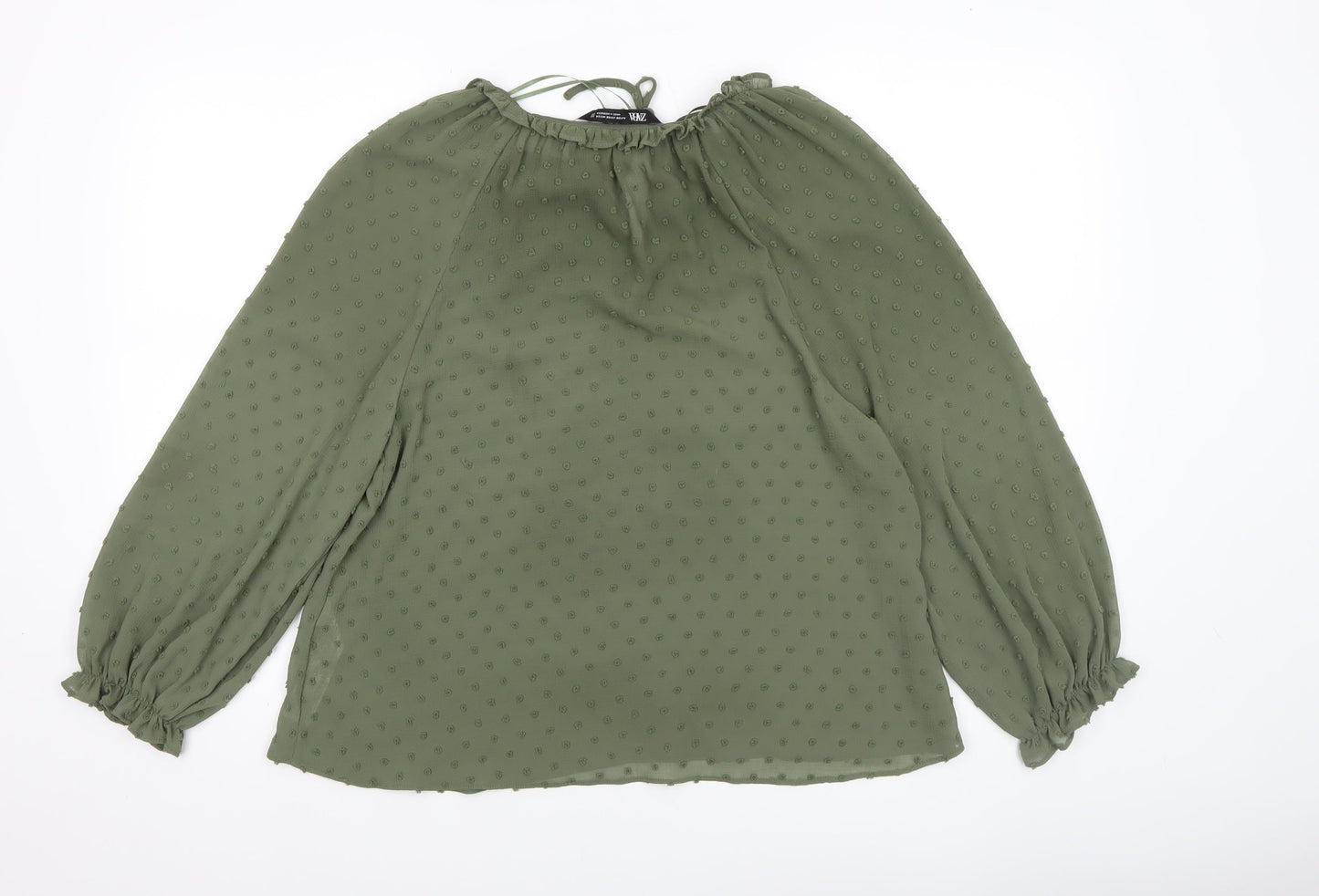 ZARA Women Green Ruffle Neck Long Sleeve Chiffon Tunic Blouse XS