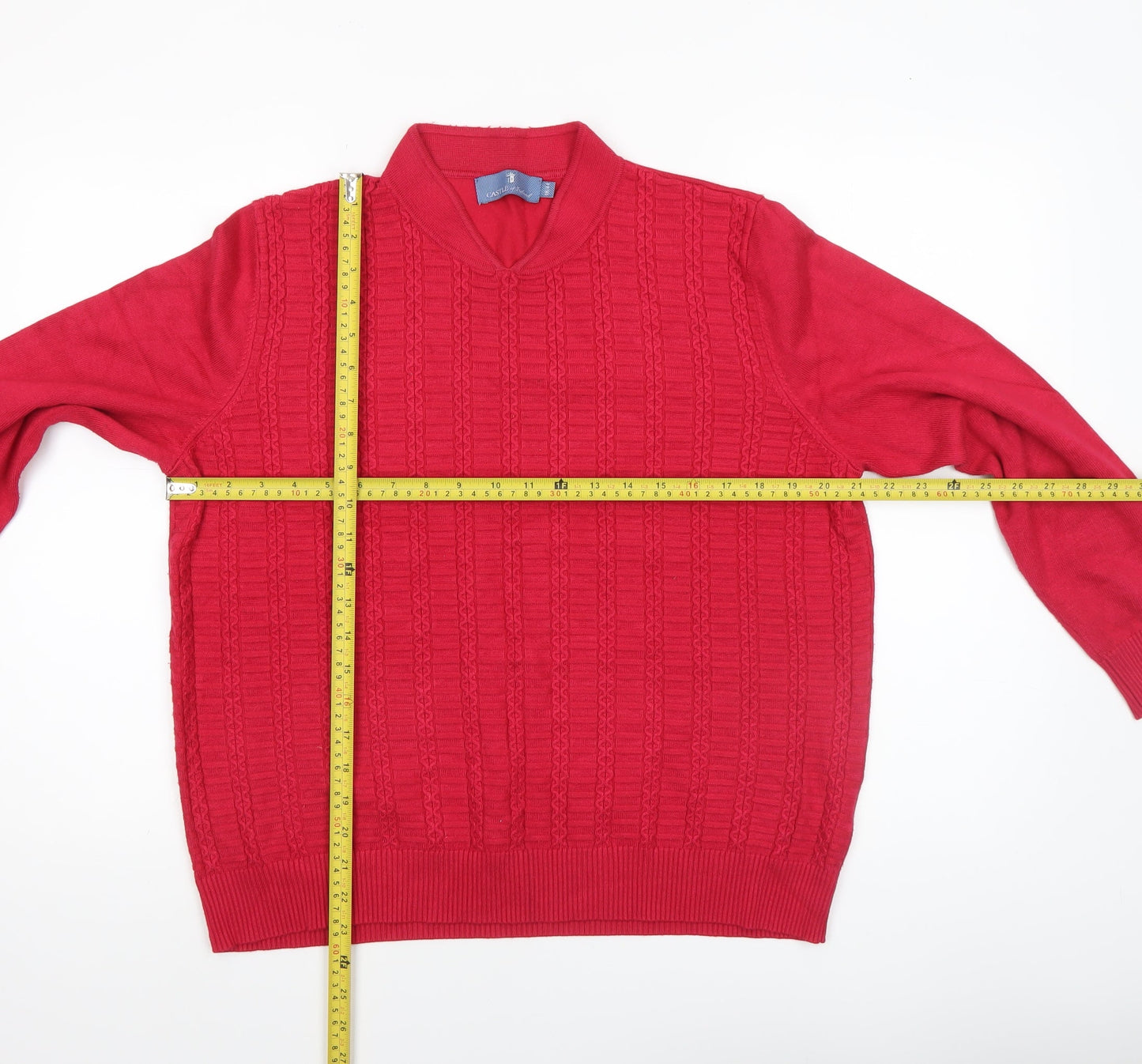Castle of Ireland Women's Red V-Neck Cable Knit Jumper Size 18