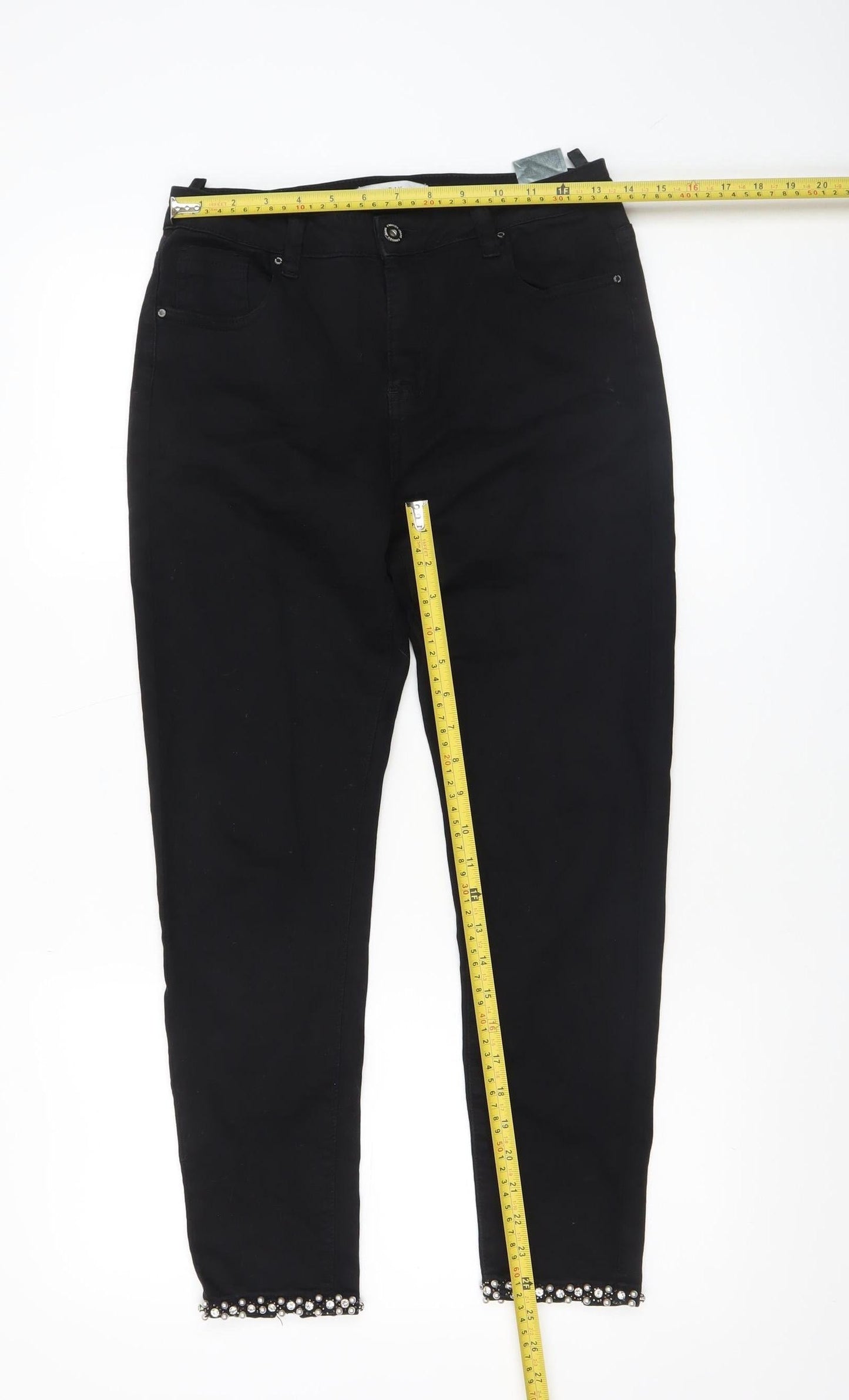 Monday Women’s Black Beaded Hem Bow Skinny Jeggings L