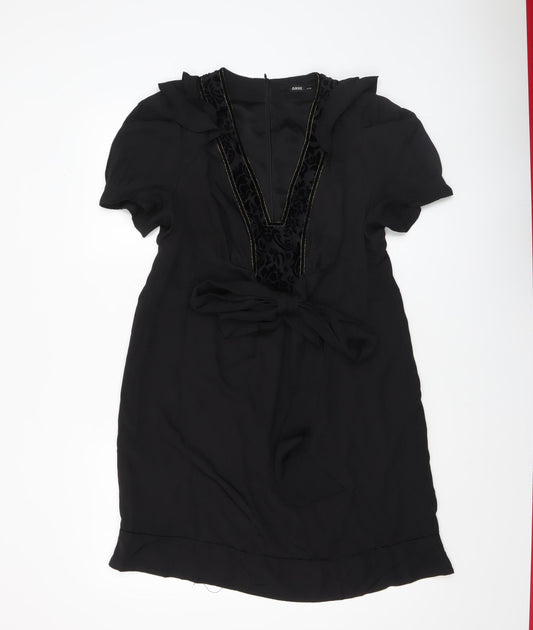 Oasis Women Black Size 14 V-Neck Shift Dress Belted Short Sleeve