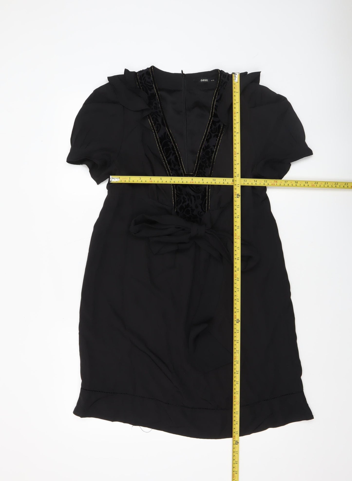 Oasis Women Black Size 14 V-Neck Shift Dress Belted Short Sleeve