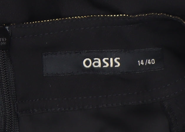 Oasis Women Black Size 14 V-Neck Shift Dress Belted Short Sleeve