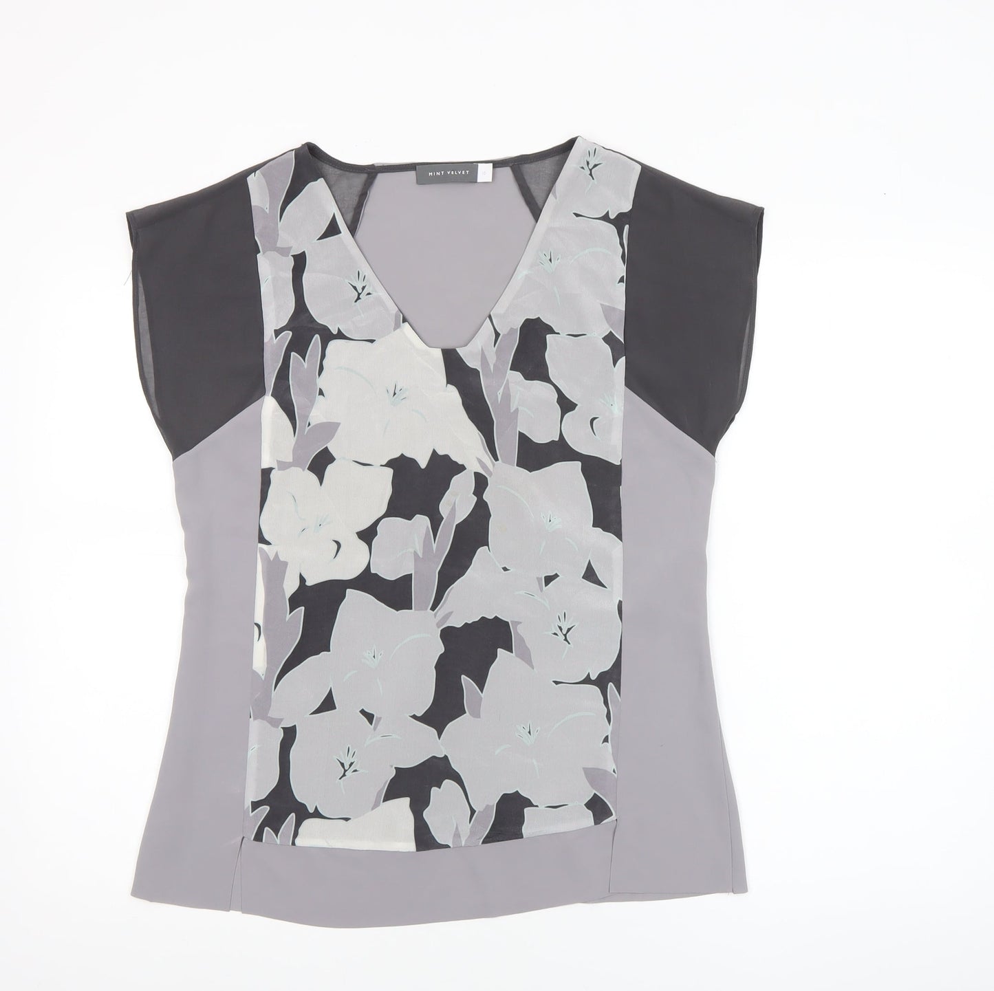 Mint Velvet Women's Grey Floral V-Neck Tunic Blouse Size 10