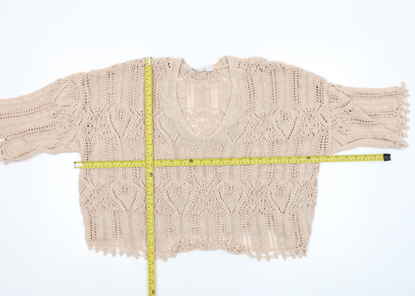 ZARA Women Beige Open-Knit Cropped Pullover Jumper Size L