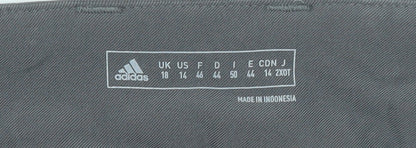 Brand and care label for Adidas women’s grey, size UK 18, straight slim stretch trousers