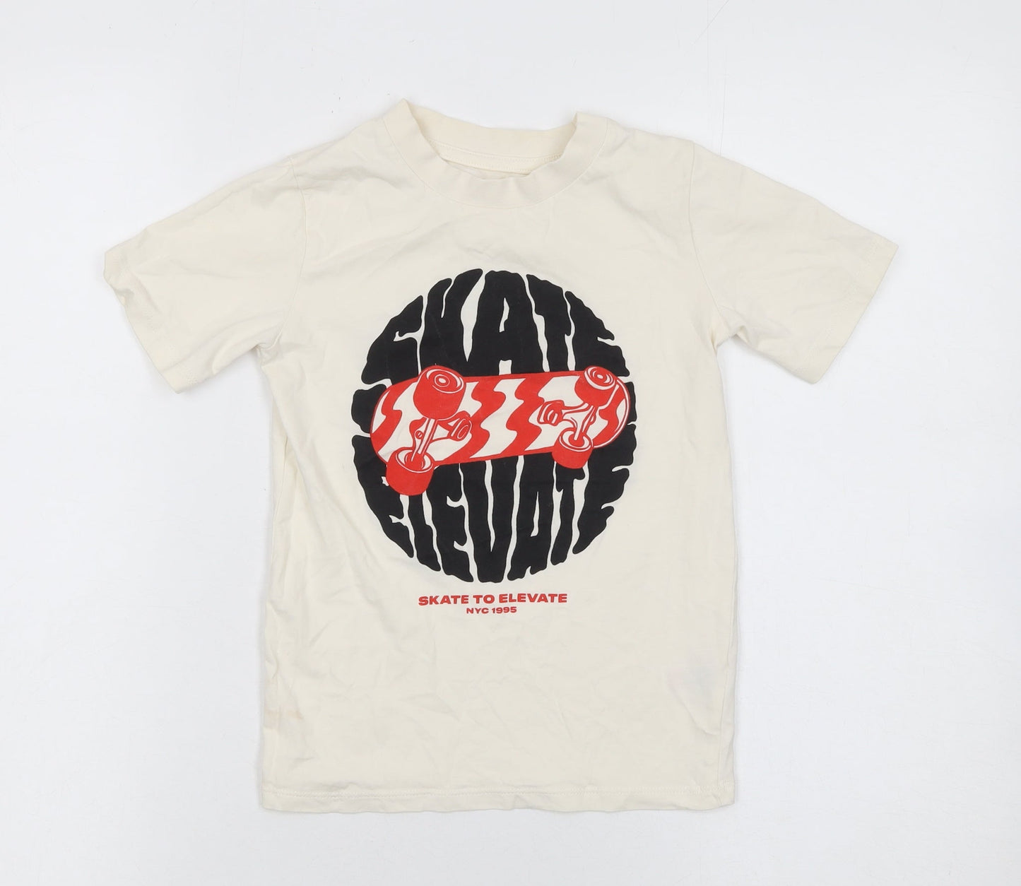 Dunnes Stores Boys Beige Skateboard Graphic Cotton T-Shirt 5-6 Years